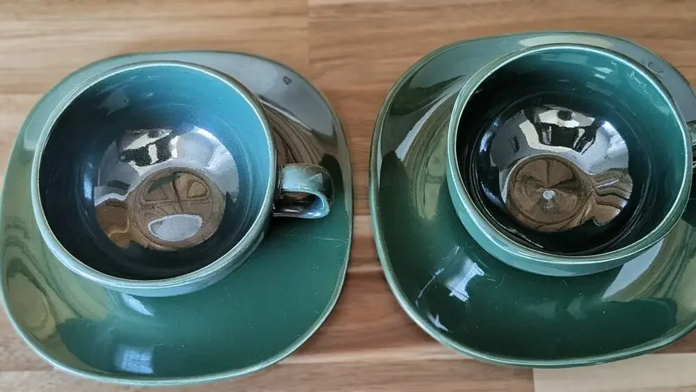 Vintage Deep Forest Green Ceramic Soup Mugs & Saucers